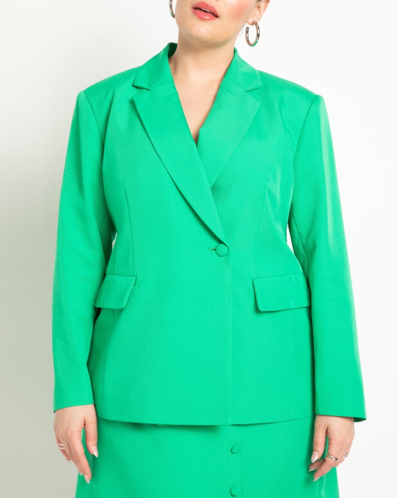 Front of a model wearing a size 24 Lace Up Back Blazer in Bright Green by ELOQUII. | dia_product_style_image_id:275198